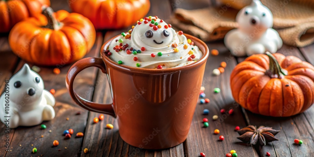 Fototapeta premium Spooky Hot Cocoa Ghost Meringue, Pumpkin Spice, Autumnal Composition