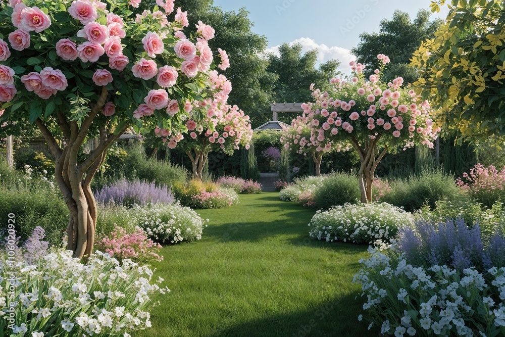 Realistic 3D Render of Serene Summer Garden Flowers and Lush Greenery Realistic 3D Render of Serene Summer Garden Flowers and Lush Greenery