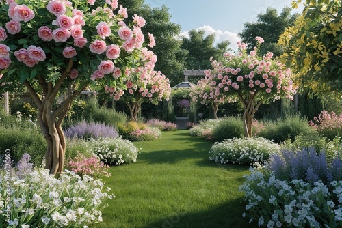 Realistic 3D Render of Serene Summer Garden Flowers and Lush Greenery