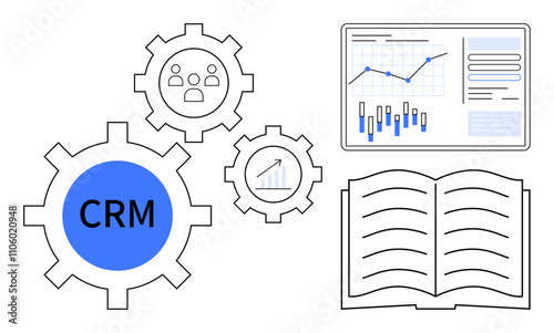 CRM concept represented by gears, bar graphs, and open book. Growth charts and user icon. Ideal for business strategies, customer service excellence, marketing planning, data insights, sales