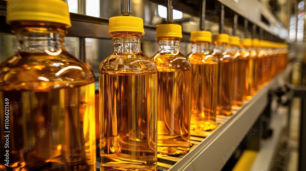 Automated Bottling Machinery in Action: Filling and Capping Glass Containers with Yellow Caps in a Modern Production Line for Liquid Products Automated Bottling Machinery in Action: Filling and Capping Glass Containers with Yellow Caps in a Modern Production Line for Liquid Products