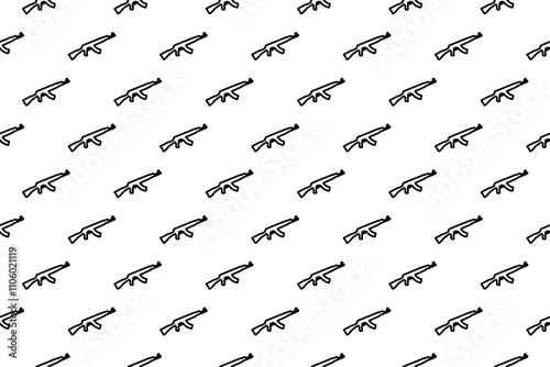 Seamless pattern completely filled with outlines of assault rifles. Elements are evenly spaced. Illustration on transparent background photo