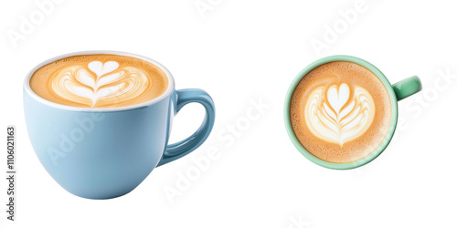 Delightful latte art in two ceramic mugs, showcasing modern flat lay style. intricate designs add touch of elegance to coffee experience