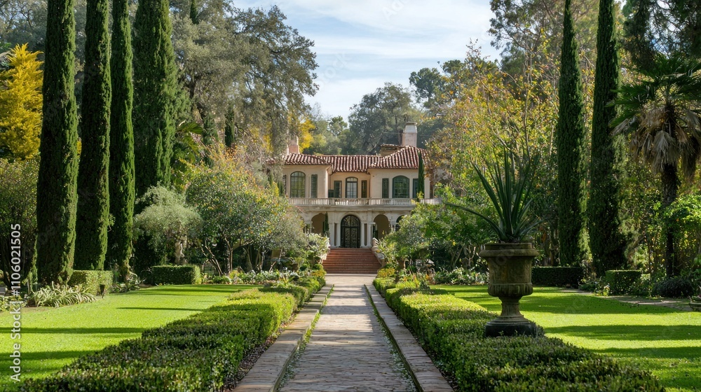 A picturesque estate featuring sprawling gardens and a historic mansion, showcasing beautiful architecture and landscaping A picturesque estate featuring sprawling gardens and a historic mansion, showcasing beautiful architecture and landscaping