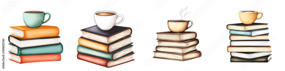 Cozy stack of books with coffee cups, perfect for relaxing reading session. Enjoy warmth and comfort of good book and hot drink Cozy stack of books with coffee cups, perfect for relaxing reading session. Enjoy warmth and comfort of good book and hot drink
