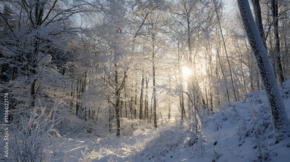 Fototapeta premium Sun shines through snow-covered winter forest.