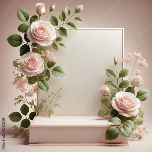 Elegant Pale Pink Roses and Leaves with Rectangular Pedestal