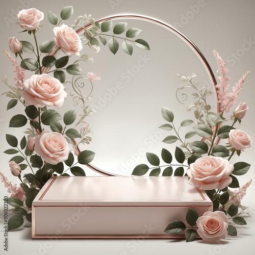  Elegant Pale Pink Roses and Leaves with Rectangular Pedestal