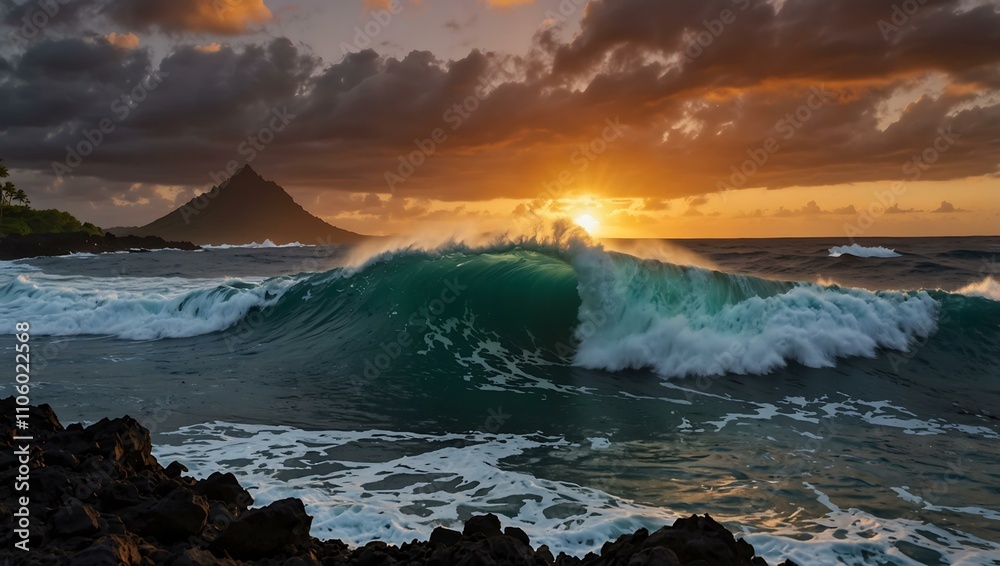 Fototapeta premium Epic Hawaiian wave at sunrise, surrounded by volcanic rocks.