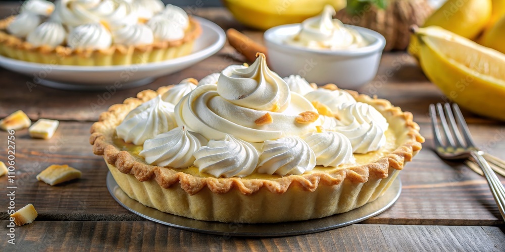 Lemon Tart with Swirled Meringue Sweet Pastry, Creamy Filling, Rustic Wood Background Lemon Tart with Swirled Meringue Sweet Pastry, Creamy Filling, Rustic Wood Background