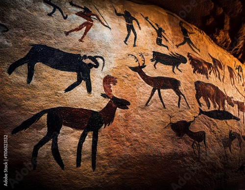 A dramatic cave painting shows black and red silhouettes of people, horses and other animals across an illuminated stone wall surface. photo