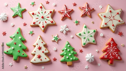 Christmas decorated gingerbread cookies with icing on a pink background