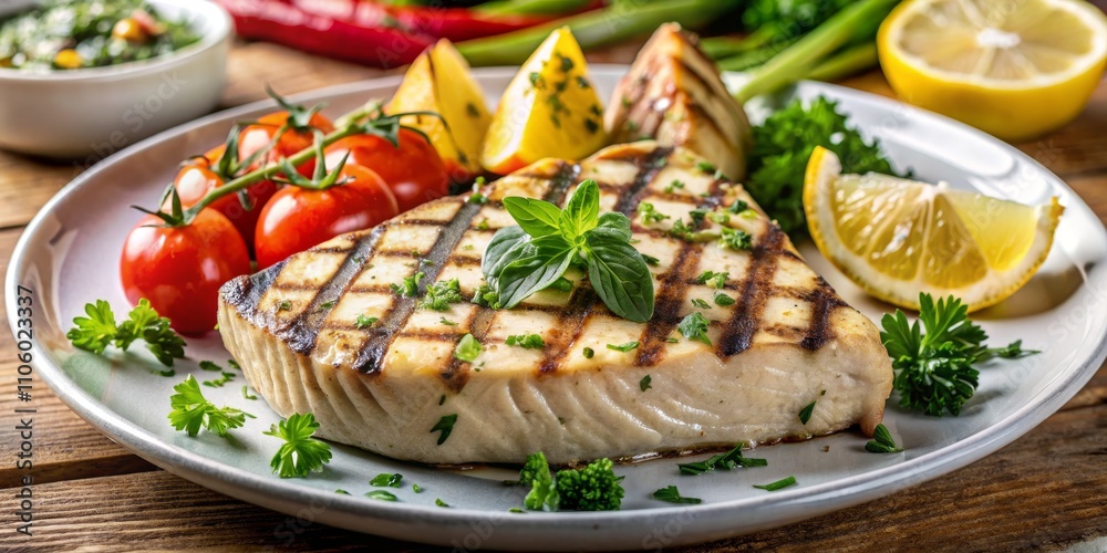 Grilled Swordfish Steak with Lemon, Tomatoes and Herbs