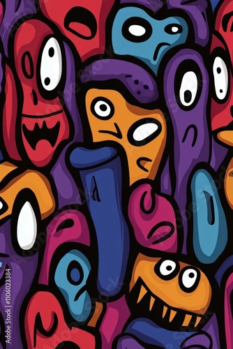 Colorful abstract art featuring playful monster faces