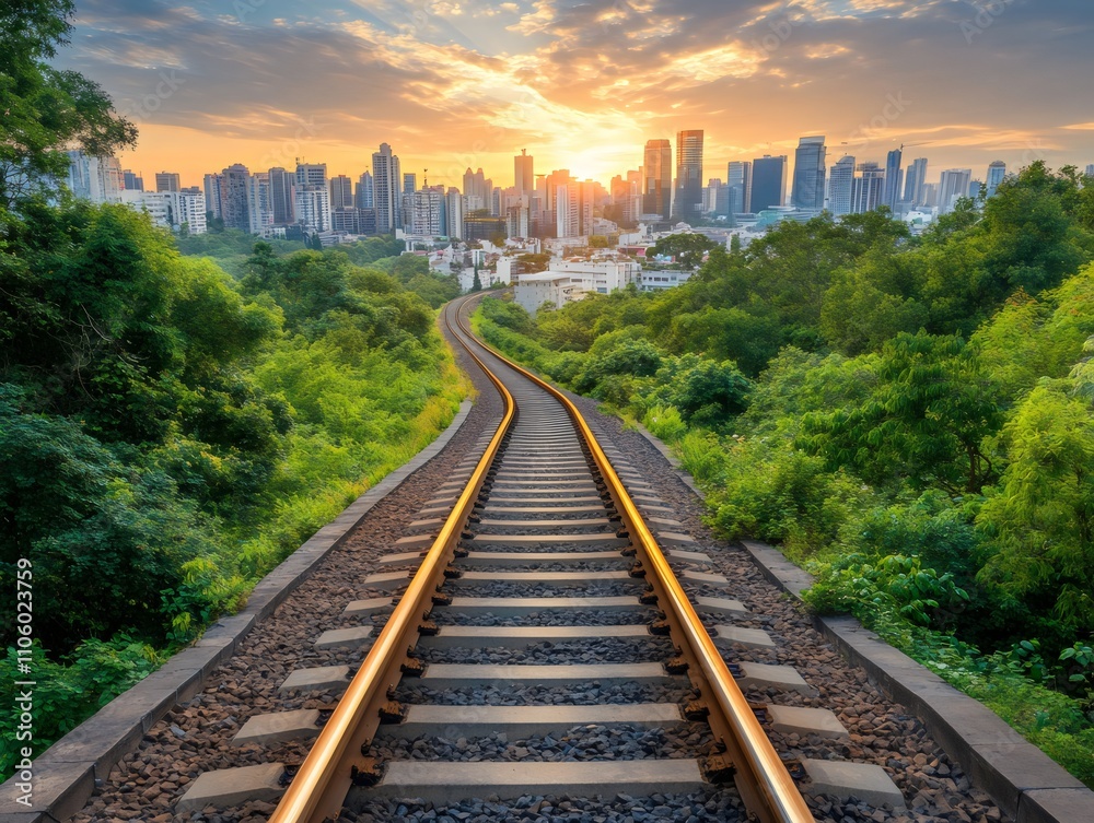 Landscape of sunset view at urban skyline with long railway track surrounded by green trees on both sides. Landscape of sunset view at urban skyline with long railway track surrounded by green trees on both sides.