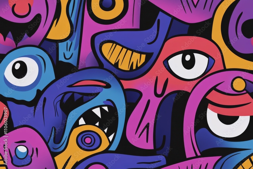 Colorful abstract art with unique monster faces Colorful abstract art with unique monster faces