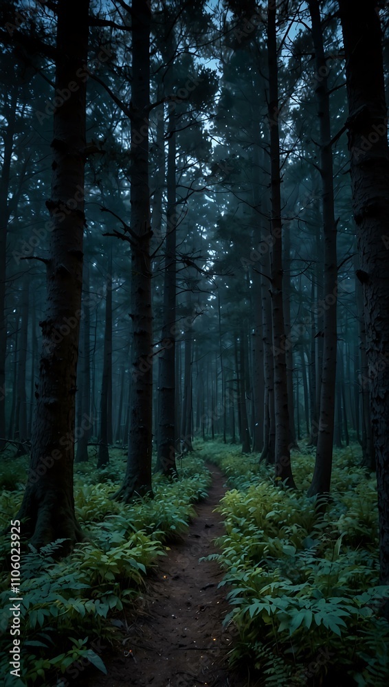 Fototapeta premium Ethereal and serene moonlit forest at twilight.