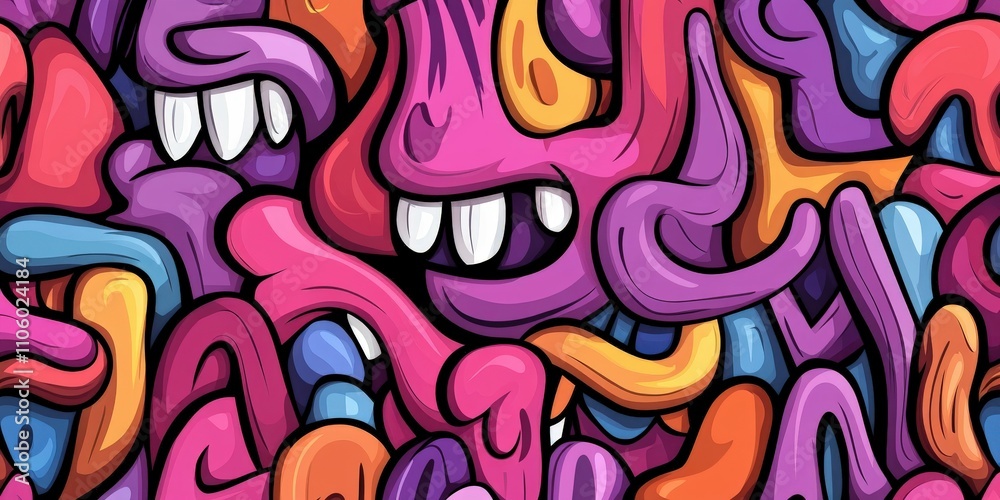 Colorful abstract design with playful shapes and faces Colorful abstract design with playful shapes and faces