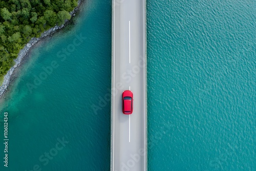 Aerial view of bridge road with red car over blue water lake and green woods