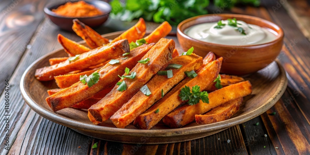Crispy Sweet Potato Fries with Creamy Dip Rustic Wooden Setting Crispy Sweet Potato Fries with Creamy Dip Rustic Wooden Setting