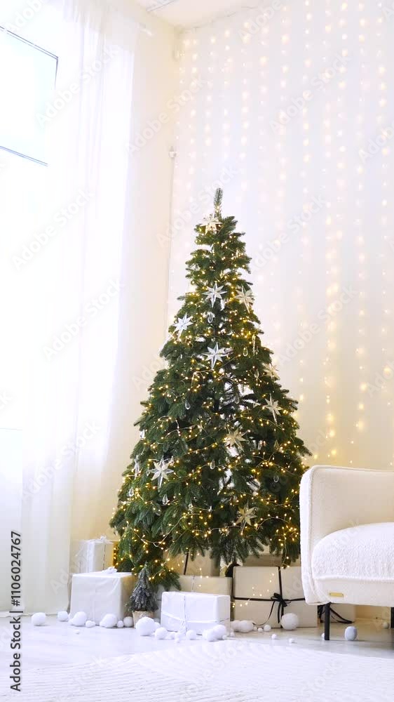 Vertical, The glow of Christmas lights illuminates a sophisticated living room, complete with a magnificent tree and a warm fireplace. A winter wonderland in a modern home, featuring a Christmas tree Vertical, The glow of Christmas lights illuminates a sophisticated living room, complete with a magnificent tree and a warm fireplace. A winter wonderland in a modern home, featuring a Christmas tree