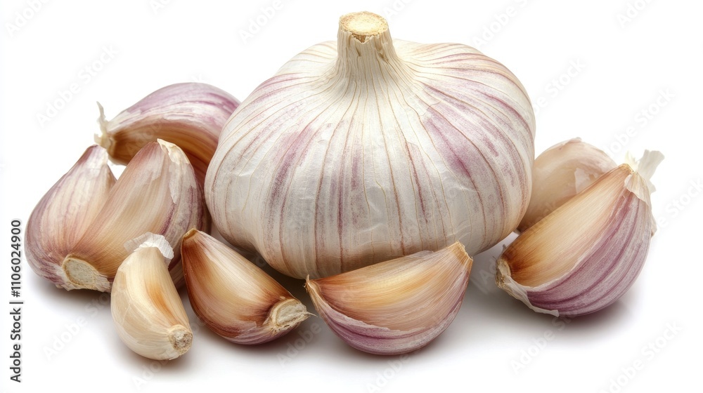 A single garlic bulb placed on a clean white background, surrounded by peeled cloves, showcasing the simplicity and beauty of this essential cooking ingredient A single garlic bulb placed on a clean white background, surrounded by peeled cloves, showcasing the simplicity and beauty of this essential cooking ingredient