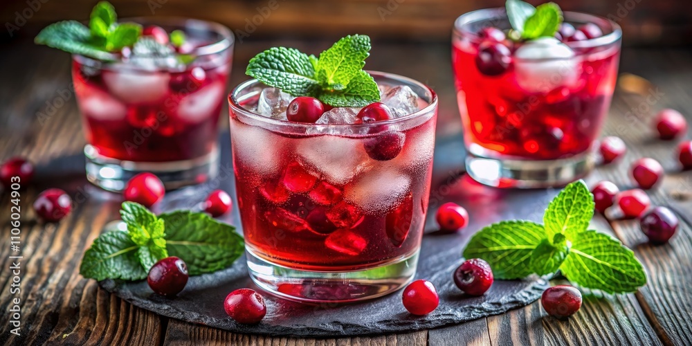 Cranberry Mint Iced Drinks Three Glasses, Rustic Wood Background Cranberry Mint Iced Drinks Three Glasses, Rustic Wood Background