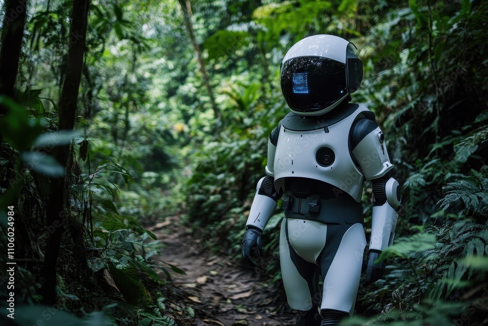 Yellow robotic guide leading group of tourists on a wooden path through dense tropical rainforest Yellow robotic guide leading group of tourists on a wooden path through dense tropical rainforest