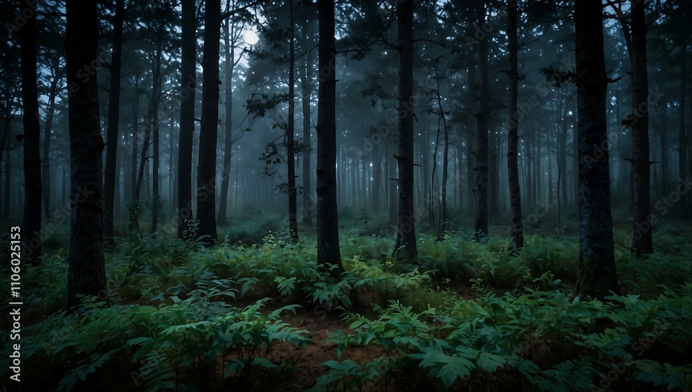 Fototapeta premium Ethereal, serene, moonlit forest at twilight.