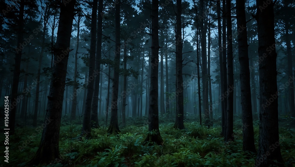 Ethereal, serene, moonlit forest at twilight. Ethereal, serene, moonlit forest at twilight.