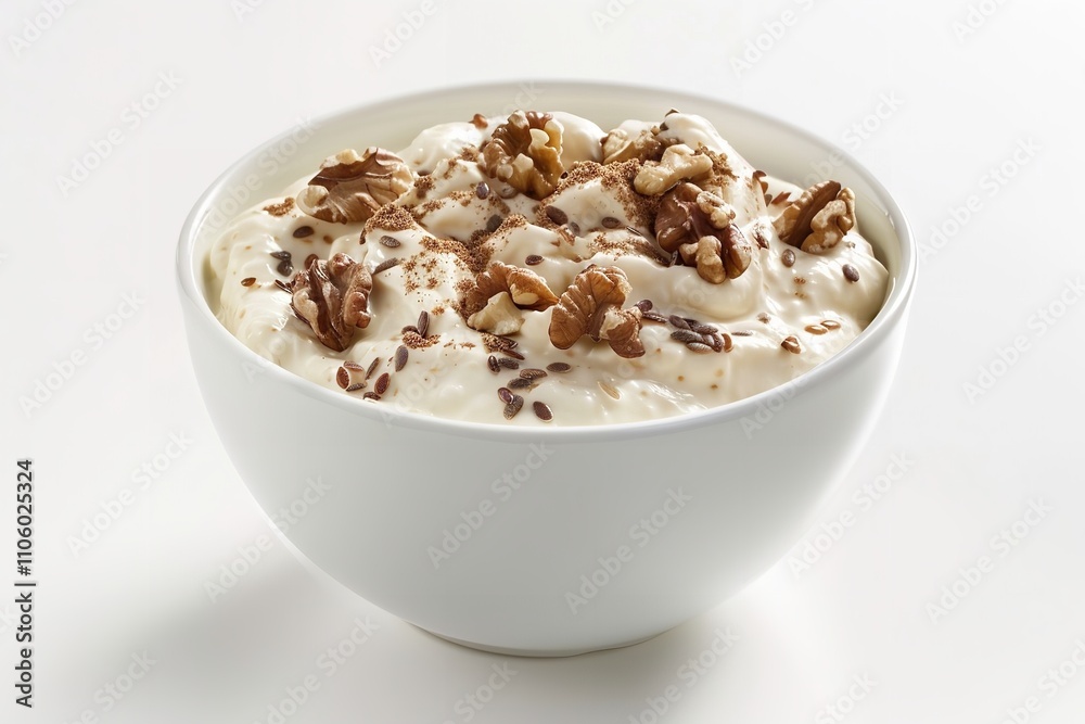 Creamy yogurt in a white bowl with walnuts and flaxseeds on top, displaying a wholesome and nourishing breakfast choice, Generative AI. Creamy yogurt in a white bowl with walnuts and flaxseeds on top, displaying a wholesome and nourishing breakfast choice, Generative AI.