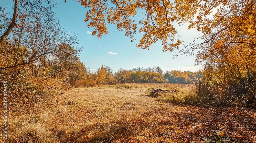 Bright Autumn Landscape with Golden Leaves Under Clear Blue Sky Capturing the Essence of Fall in a Picturesque Natural Setting Bright Autumn Landscape with Golden Leaves Under Clear Blue Sky Capturing the Essence of Fall in a Picturesque Natural Setting