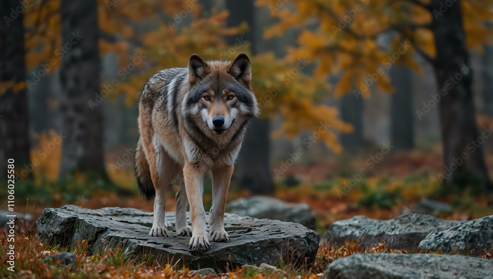 Obraz premium Eurasian grey wolf walking on rocks in an autumn landscape.