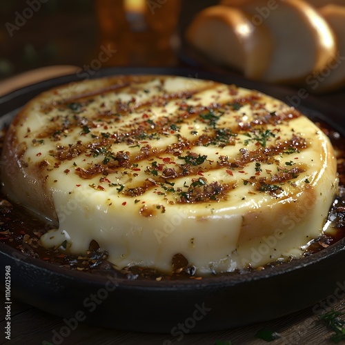 ARGENTINIAN PROVOLETA featuring a round slab of grilled provolone cheese garnished with oregano and chili flakes. Served on a sizzling platter with crusty bread.  photo