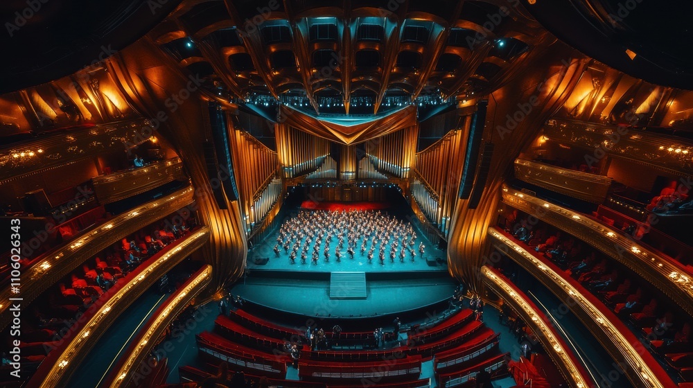 Obraz premium Grand Opera House Orchestra Concert, Stage, Auditorium, Seats, Golden Accents