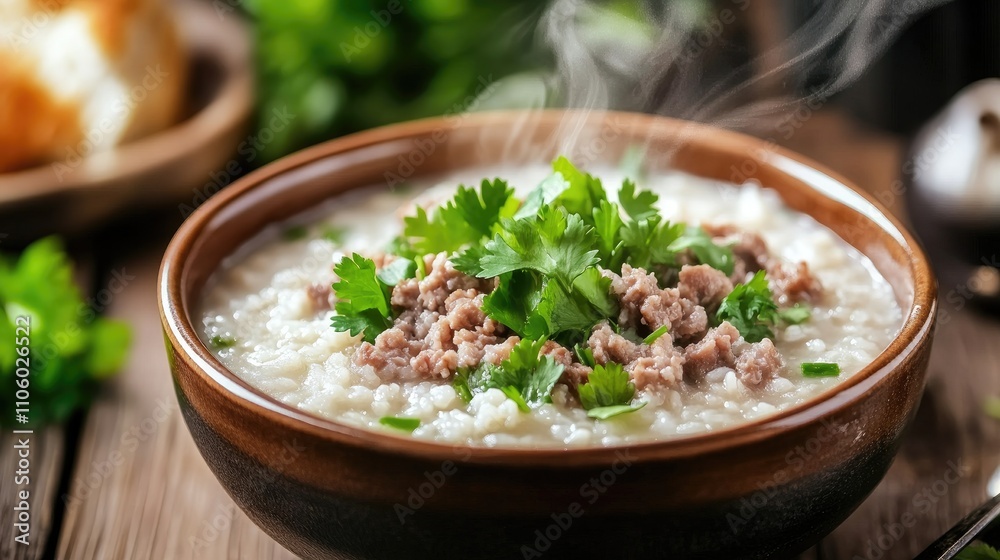 A steaming bowl of rice porridge with minced pork and garnished with fresh cilantro, served on a wooden table, capturing the warmth and comfort of a traditional meal. A steaming bowl of rice porridge with minced pork and garnished with fresh cilantro, served on a wooden table, capturing the warmth and comfort of a traditional meal.