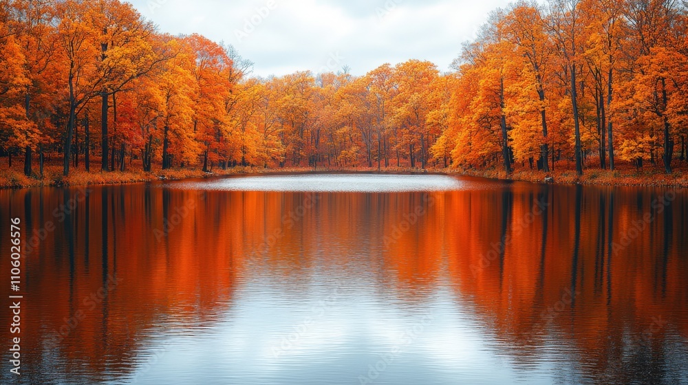 A serene lake surrounded by vibrant autumn trees reflecting in calm waters. A serene lake surrounded by vibrant autumn trees reflecting in calm waters.