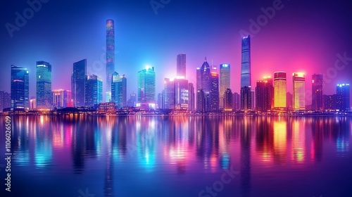 Vibrant city skyline at night reflected in water.