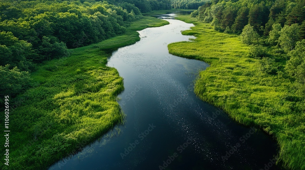 A serene river winding through lush green vegetation in a natural landscape. A serene river winding through lush green vegetation in a natural landscape.