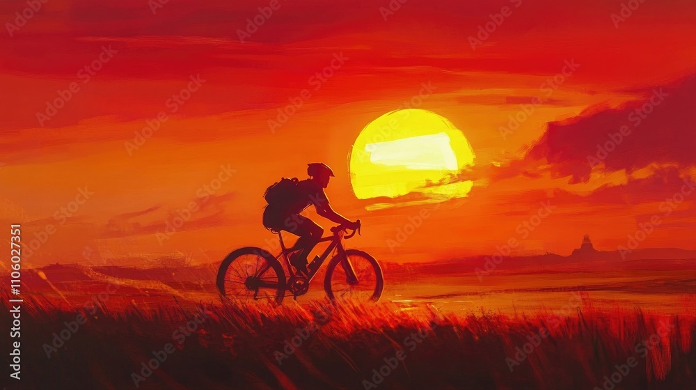 Fototapeta premium A striking silhouette of a cyclist riding against a vibrant sunset, with the sun casting long shadows, creating a dramatic and inspiring scene of freedom and adventure.