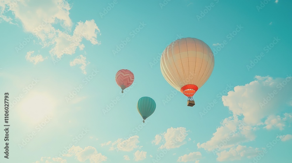 Fototapeta premium Brightly Colored Hot Air Balloons Floating Against a Clear Blue Sky with Soft Clouds and a Warm Sunlight, Creating a Serene and Joyful Atmosphere of Adventure and Freedom