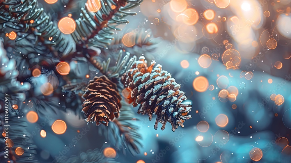 Winter Pine Cones on a Snowy Branch with Lights Winter Pine Cones on a Snowy Branch with Lights