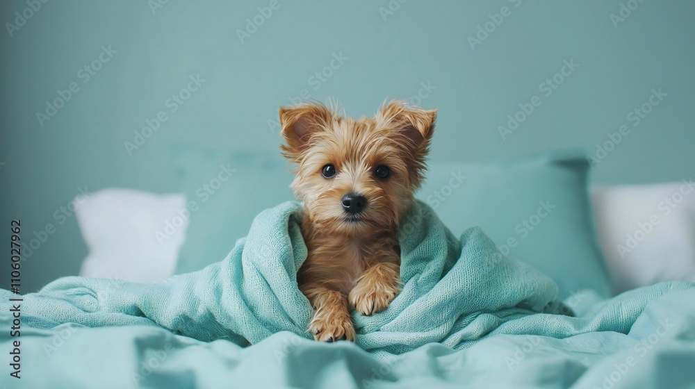 Cute Puppy Wrapped in Blanket on Bed Cozy Home Pet Dog Cute Puppy Wrapped in Blanket on Bed Cozy Home Pet Dog