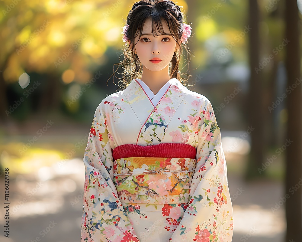 Japan Coming of Age Day, Elegant Furisode Kimono with Cherry Blossom Design Japan Coming of Age Day, Elegant Furisode Kimono with Cherry Blossom Design
