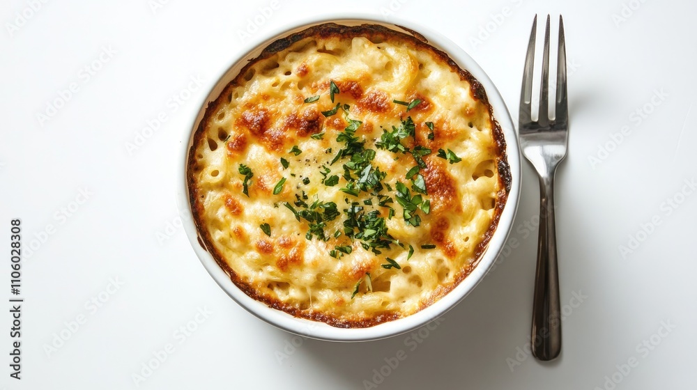 A top-down view of a bowl of cheesy mac and cheese, creamy and rich, garnished with herbs and served with a fork, emphasizing its comforting appeal against a white background. A top-down view of a bowl of cheesy mac and cheese, creamy and rich, garnished with herbs and served with a fork, emphasizing its comforting appeal against a white background.