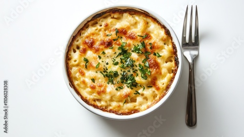 A top-down view of a bowl of cheesy mac and cheese, creamy and rich, garnished with herbs and served with a fork, emphasizing its comforting appeal against a white background.