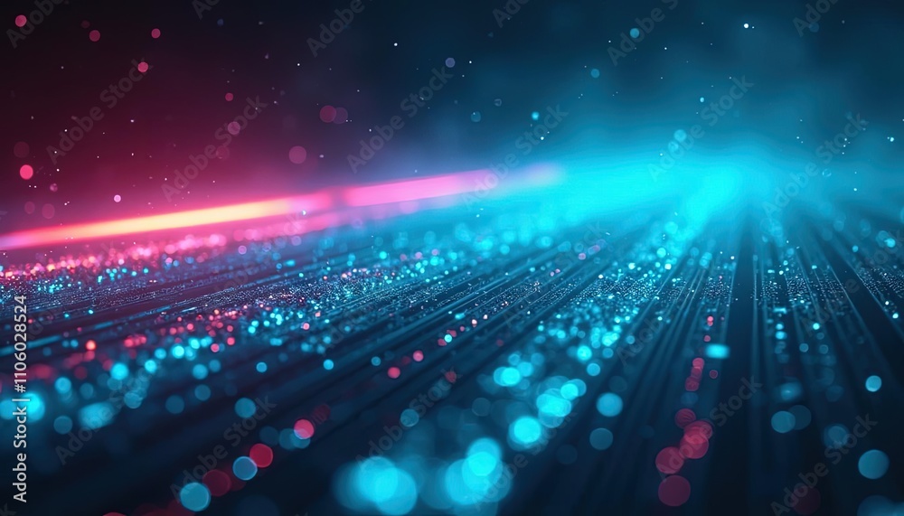 Obraz premium Abstract digital landscape with glowing neon waves and particles in vibrant colors