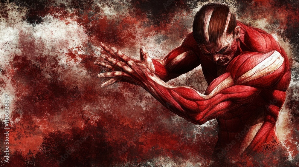 A muscular human figure depicted with anatomical details, set against a dramatic background.