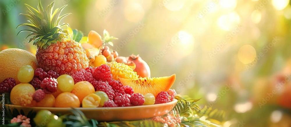 A vibrant assortment of fresh fruits displayed on a plate, illuminated by soft sunlight. A vibrant assortment of fresh fruits displayed on a plate, illuminated by soft sunlight.