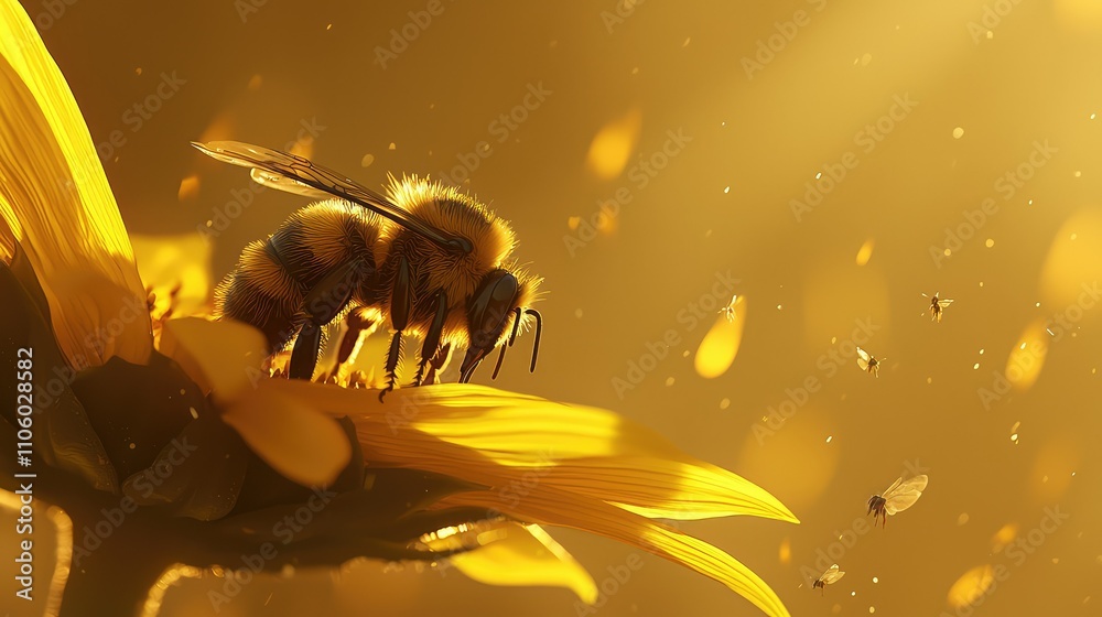 Fototapeta premium Bumblebee Resting on Sunflower Petal with Golden Light, Capturing the Beauty of Nature's Pollinators Amidst a Warm Spring Scene